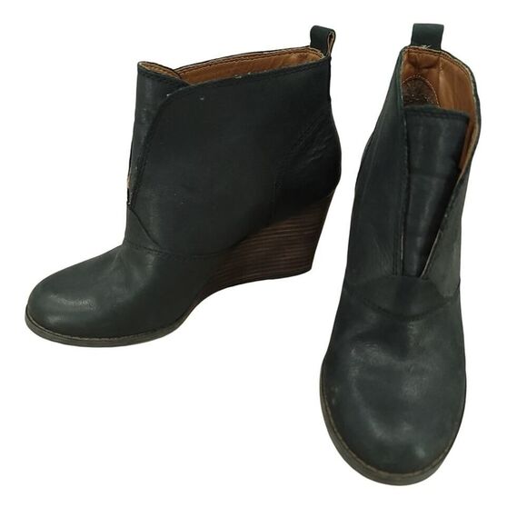 Lucky Brand Black Leather Wedge Ankle Boots Size 7.5 - Picture 2 of 11